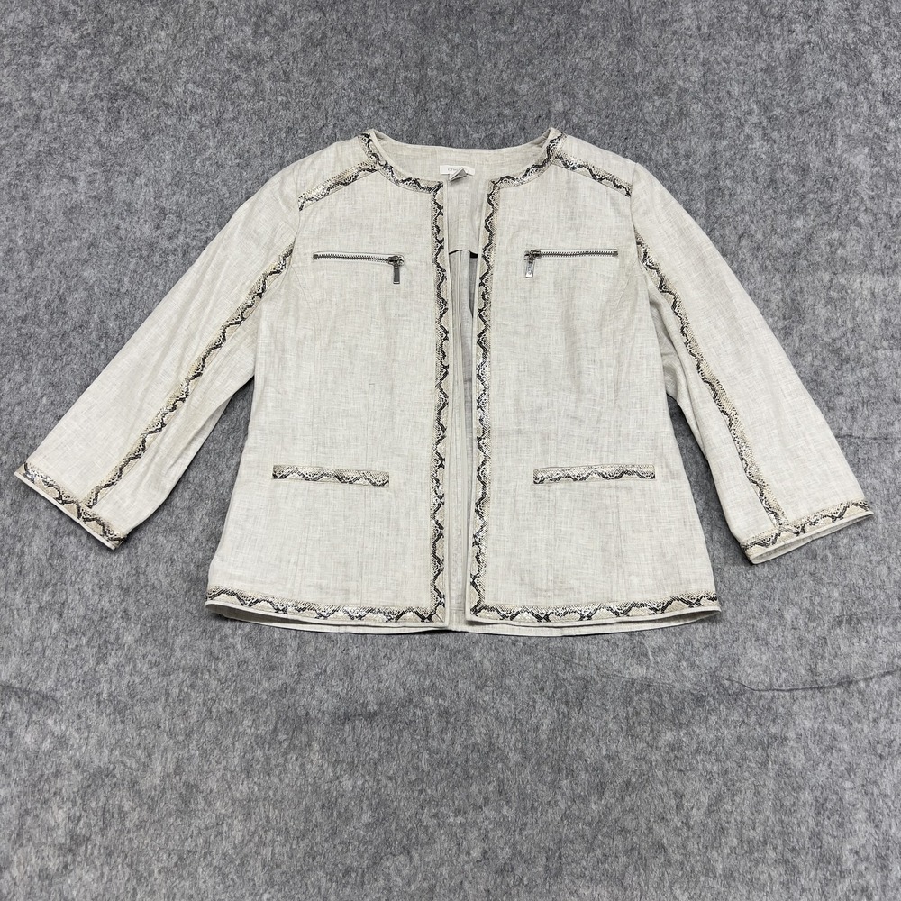 Chicos Jacket Womens 0 Beige Linen Viscose Embellished Zip Pockets Trim Boho